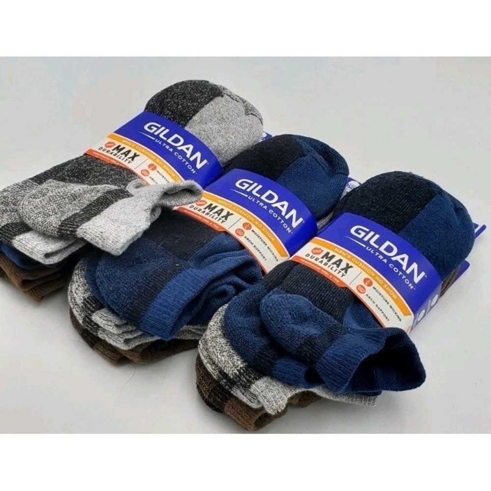 Gildan Ultra Cotton No‑Show Socks 3 Pks 9 Pairs Men's Size 6‑12 Gray Blue Brown